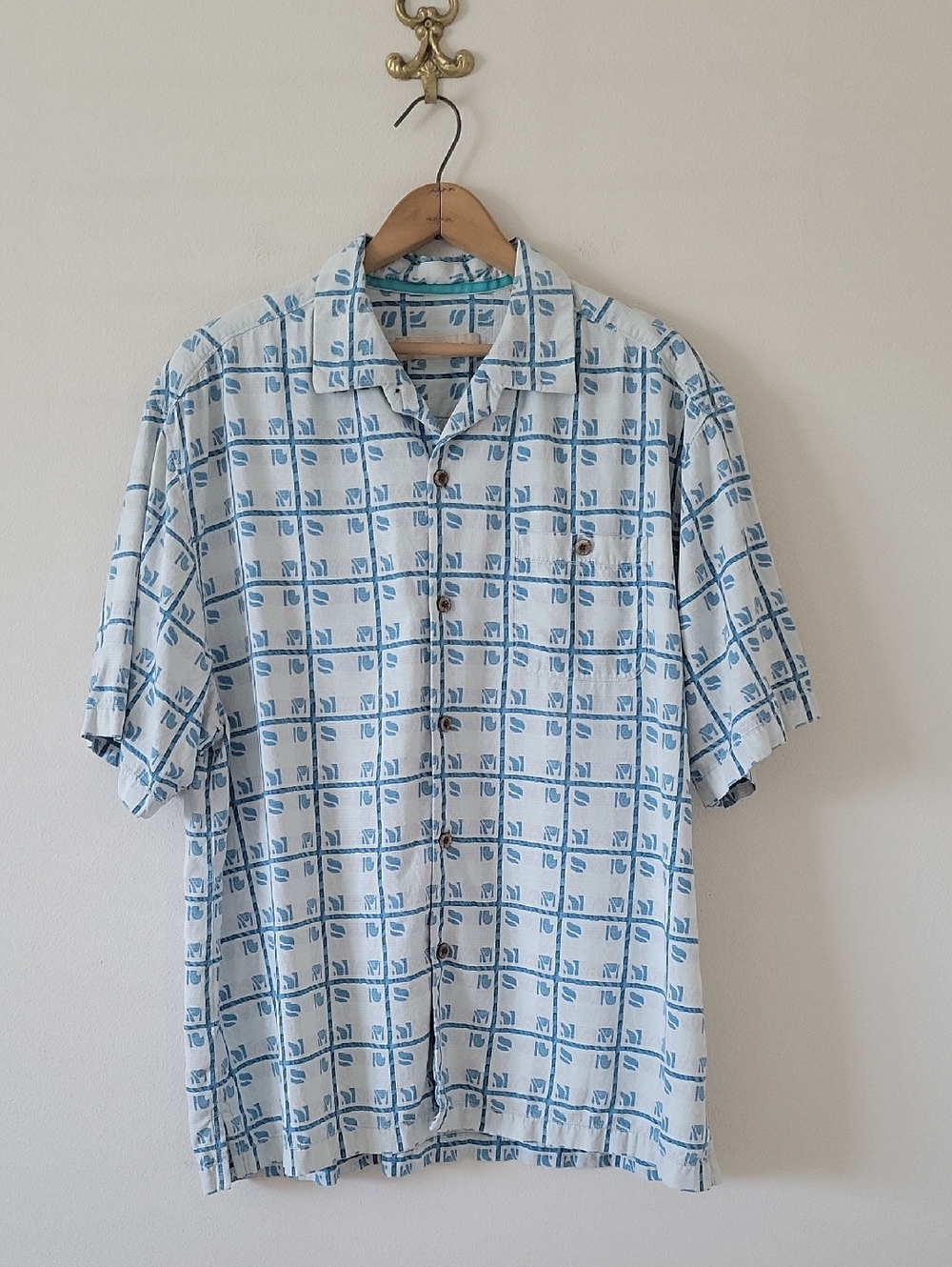 Tommy Bahama Dutch Blue Sail A Wave Plaid Silk‎ Button Down Size XL